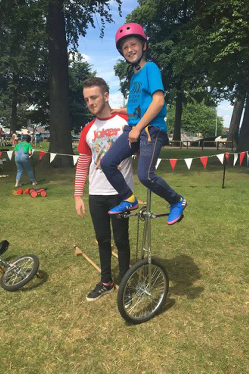 Balance Circus Workshop, stilt walking, unicycling and balance props available from The Joker Entertainment. A great participation activity in the Midlands, Boston, Sleaford, Lincolnshire, Lincoln, Newark, Nottinghamshire, Rutland, Northampton, South Yorkshire, have a go