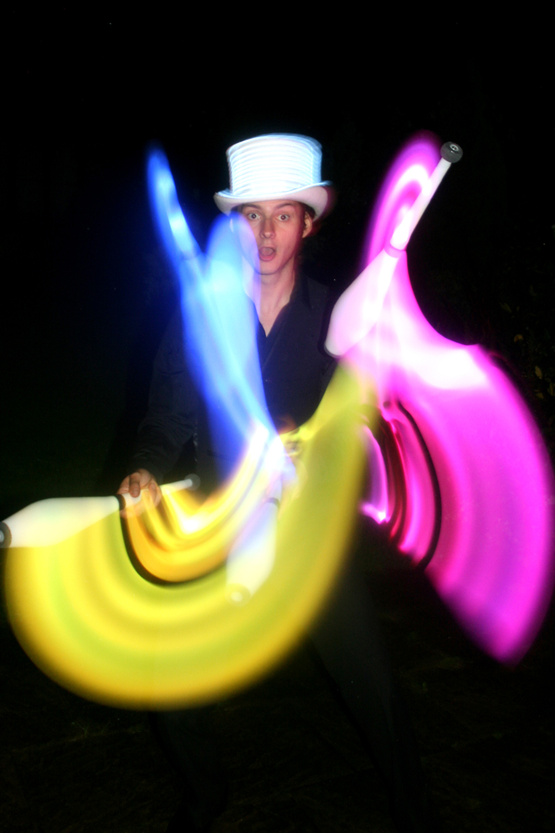 Glow Entertainer, Glow Entertainment and Glow Jugglers from The Joker Entertainment at Public Events and Weddings, great for Christmas entertainment, bonfire night entertainment and Halloween entertainment in the Midlands, Nottinghamshire, Lincolnshire, Rutland, Northamptonshire, South Yorkshire and Derbyshire