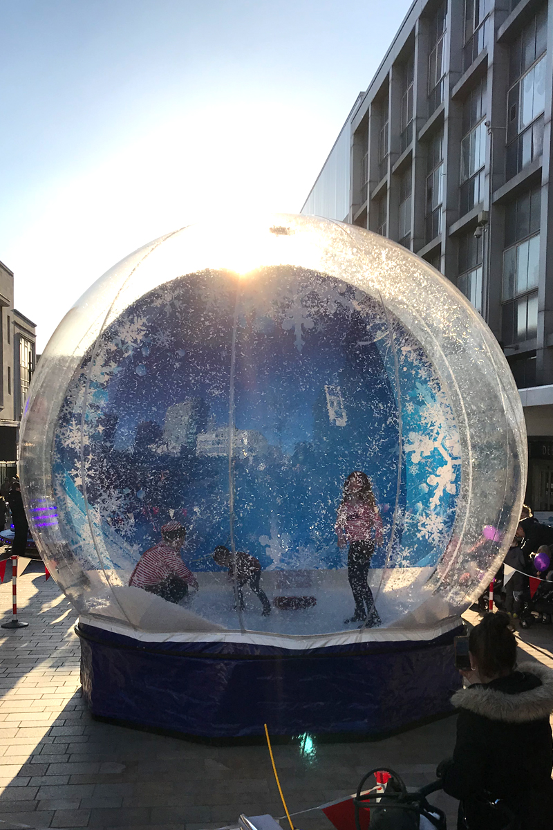 Giant Snow Globe The Joker Entertainment providing circus entertainment, circus skills, stilt walking, balloon modelling, participation activity's and face painting in the Midlands, Nottinghamshire, Yorkshire, Leicestershire, Lincolnshire, Chesterfield, Wingerworth, Matlock, Derbyshire, Darley Dale, Clowne, Alfreton, Ripley, Wirksworth, Sutton in Ashfield, Kirkby in Ashfield, Nottinghamshire, Leicestershire, Staffordshire, Lincolnshire, South Yorkshire